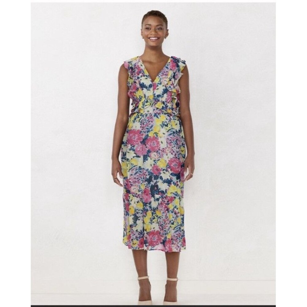 NWT LC Lauren Conrad Print Ruffle Midi Dress | Light Orange Floral | M
